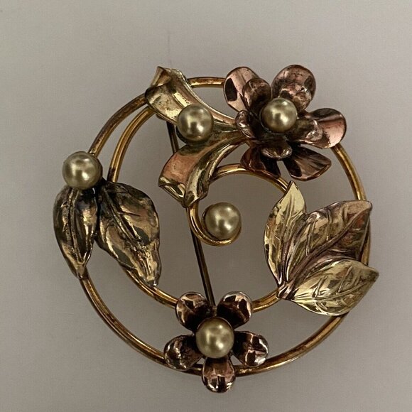 Vintage Signed Barclay Circle Wreath Brooch Pin Faux Seed‎ Pearl Gold Tone 1.5" - Picture 15 of 16